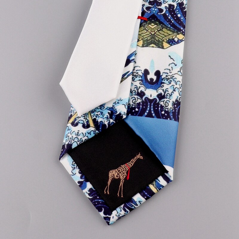 创意设计男女女学生白色7cm神奈川海浪印花领带文艺领带