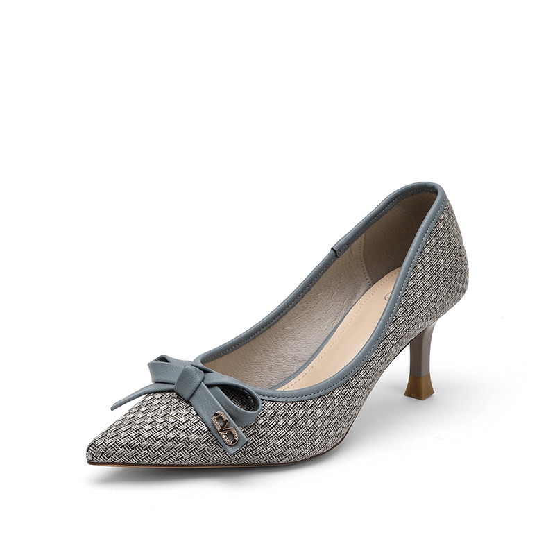 索兰女鞋2020秋款名媛编织钻饰蝴蝶结优雅酒杯单鞋