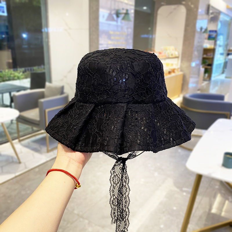 帽子女日系绑带蕾丝渔夫帽夏天镂空透气遮阳盆帽出游萝莉帽可爱女