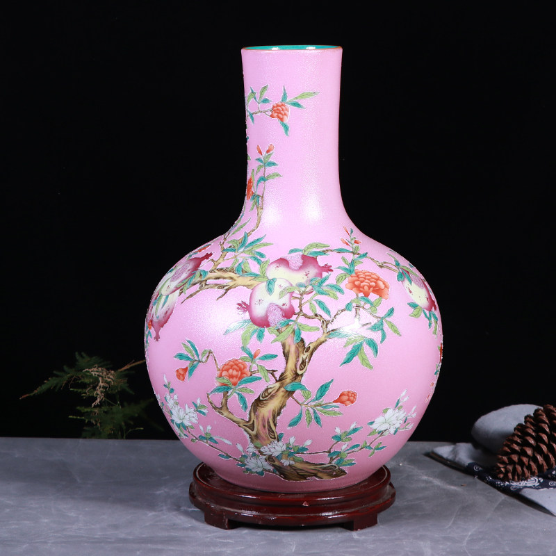 景德镇陶瓷器大号花瓶手绘粉彩石榴天球插花家居花瓶