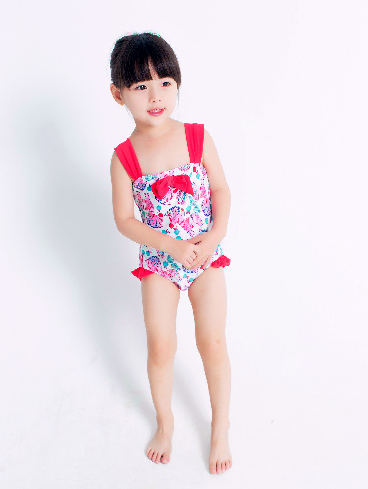 泳衣新款儿童女童连体小褶皱边婴幼儿蝴蝶结防晒儿童泳衣