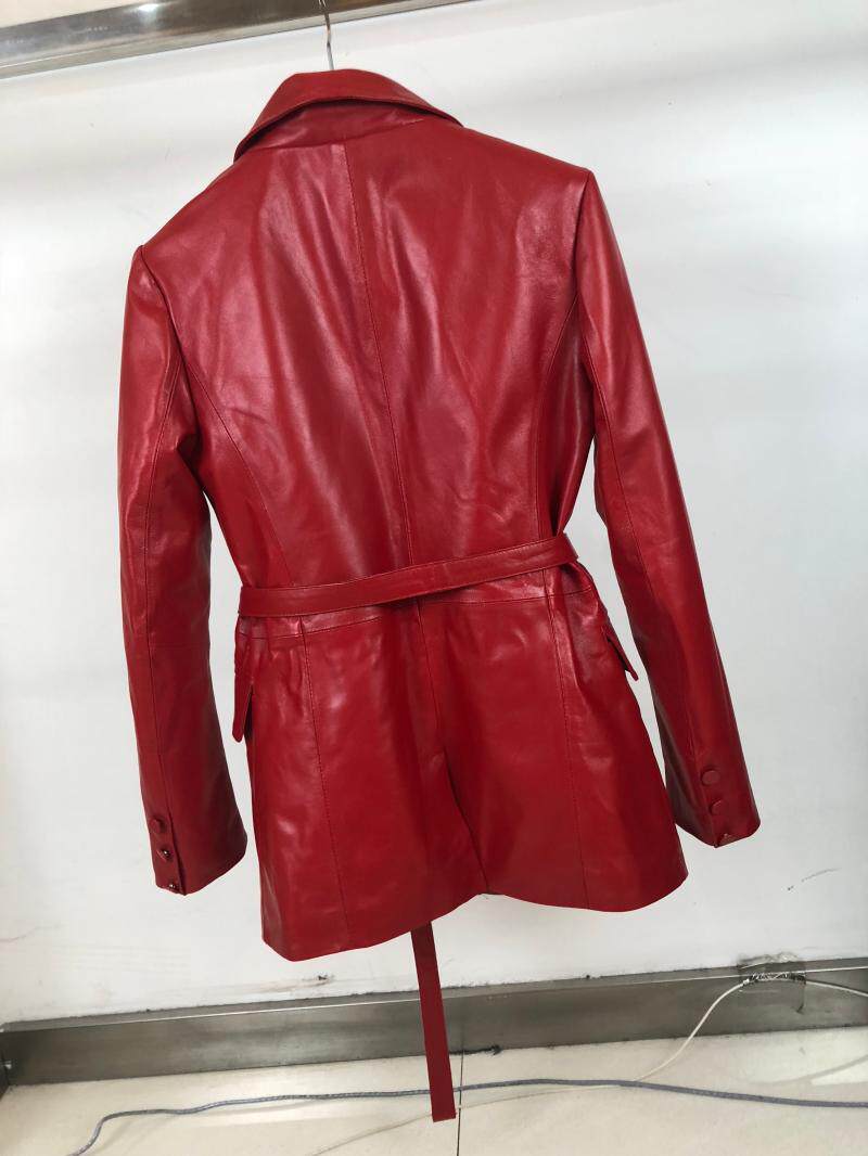 双排腰带皮夹克长袖西装外套小外修身红色皮衣皮衣