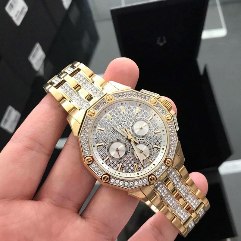 欧美宝路华bulova镶钻满天星手表金色夜光石英钢带欧美腕表