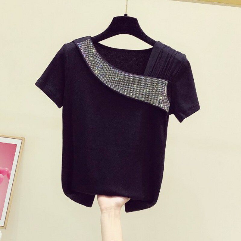 重工烫钻短袖恤女2022夏装新款斜领网纱拼接t恤