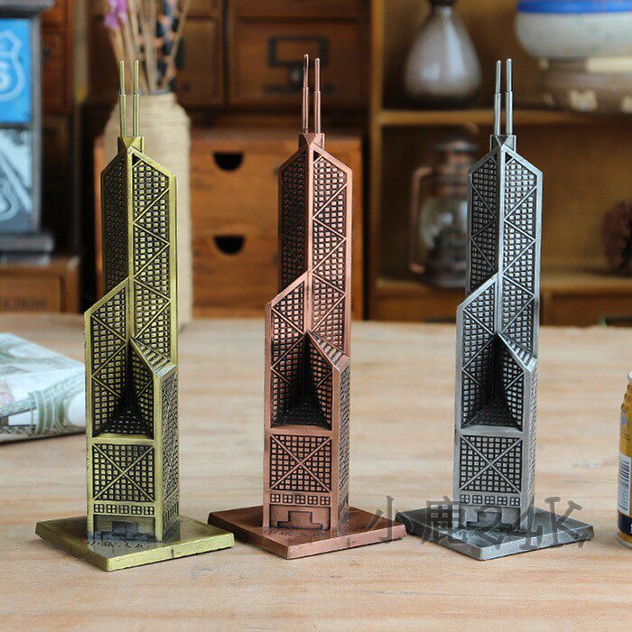 纯金属地标建筑模型香港中银大厦桌面摆件铁艺创意装饰品金融中心