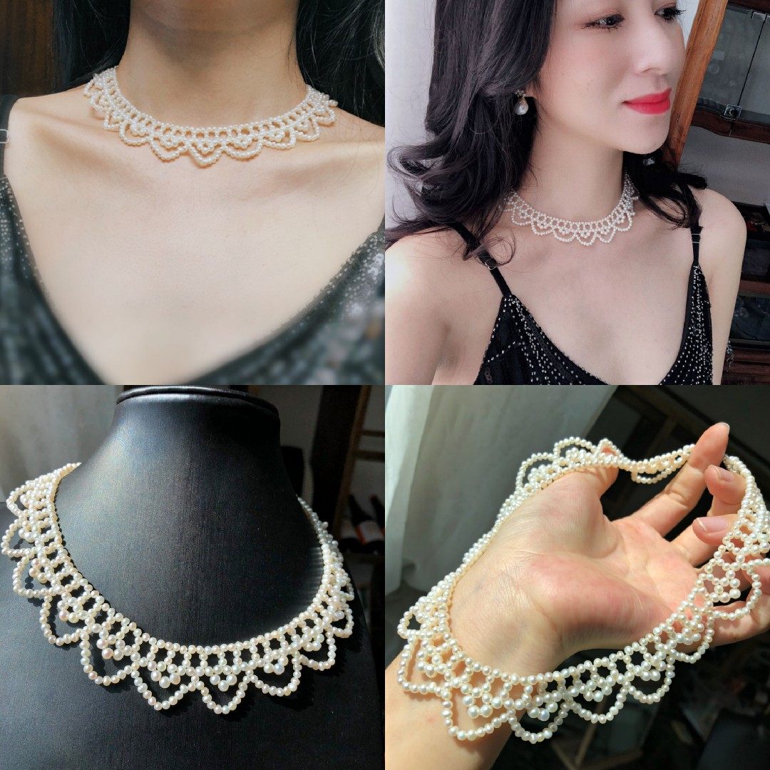 花链天然淡水珍珠手工编织锁骨颈链强光蕾丝项链