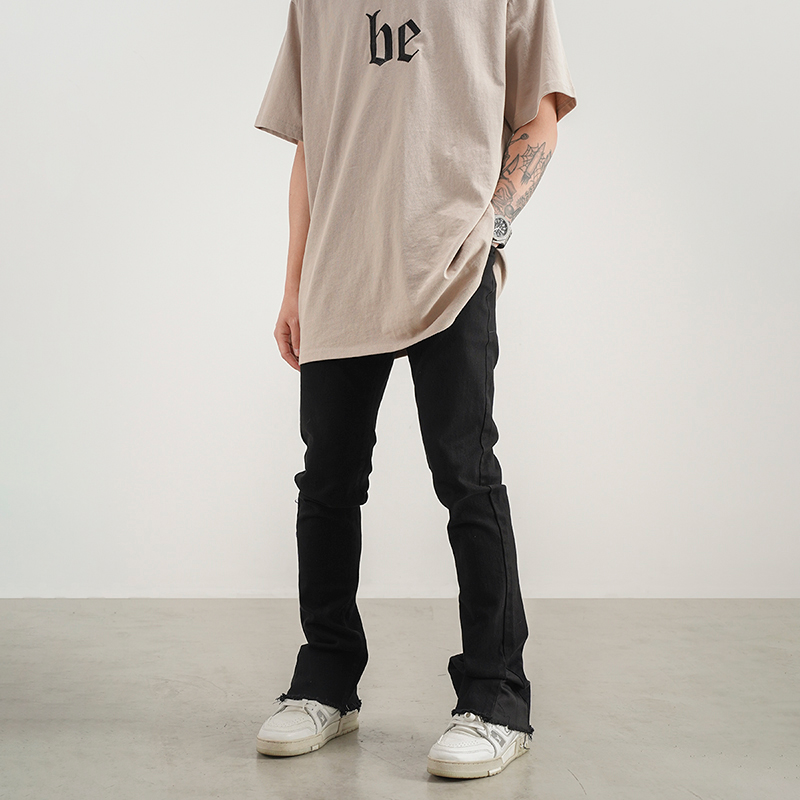 BLACK OF EXIT国潮毛边黑色显瘦修身喇叭牛仔裤男女高街百搭长裤