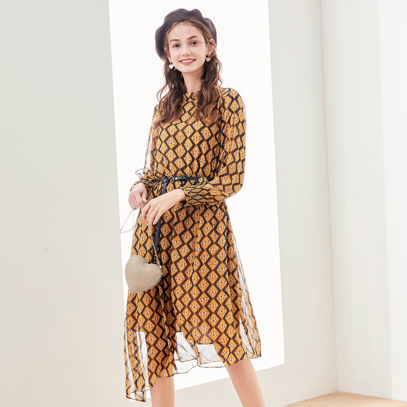 长袖雪纺连衣裙女佳人苑2019秋装新款复古格纹立领显瘦不规则裙子