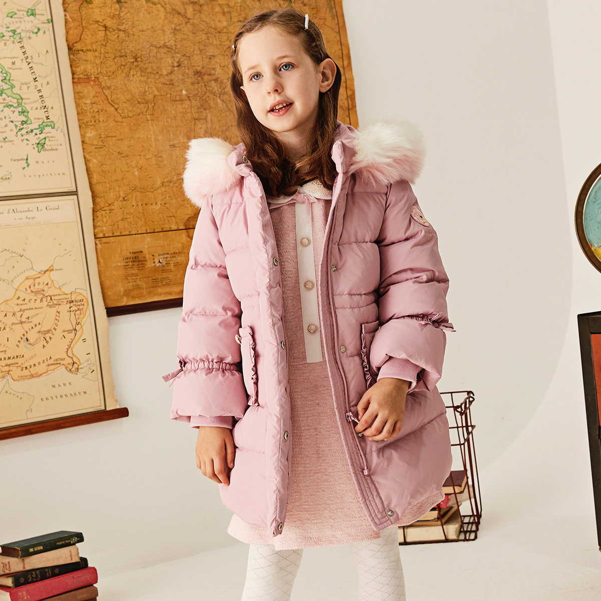 戴维贝拉女童中长羽绒服童装新款加绒外套中大小女孩羽绒服