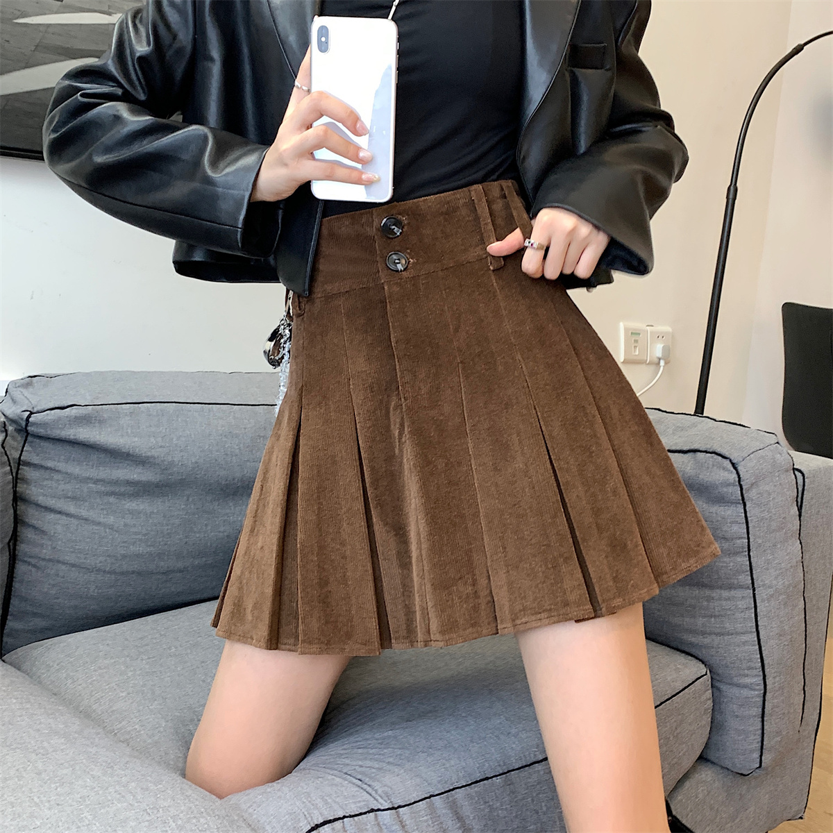 黑色灯芯绒半身裙大码百褶裙秋冬季高腰设计小众显瘦半身裙