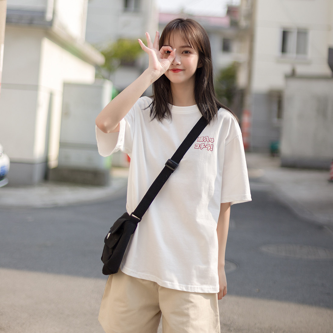 前后印花雾霾蓝日系软妹古着感少女t恤女夏学生宽松短袖2020新款