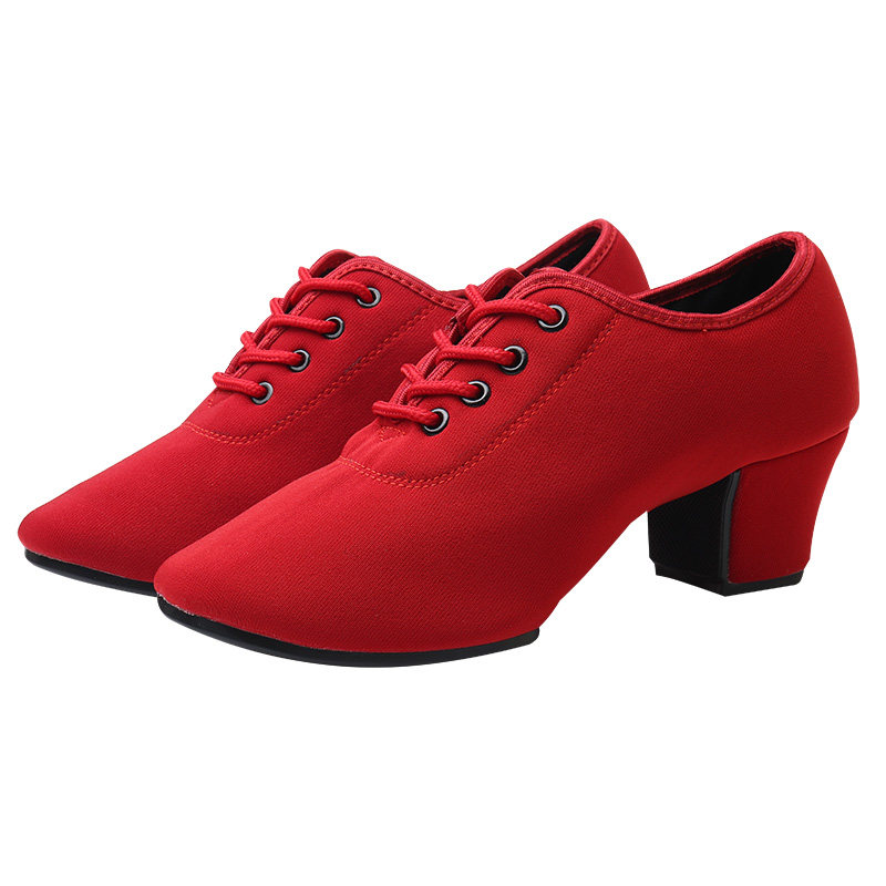 红色拉丁舞教师鞋中高跟软底形体女士广场舞水兵拉丁舞鞋