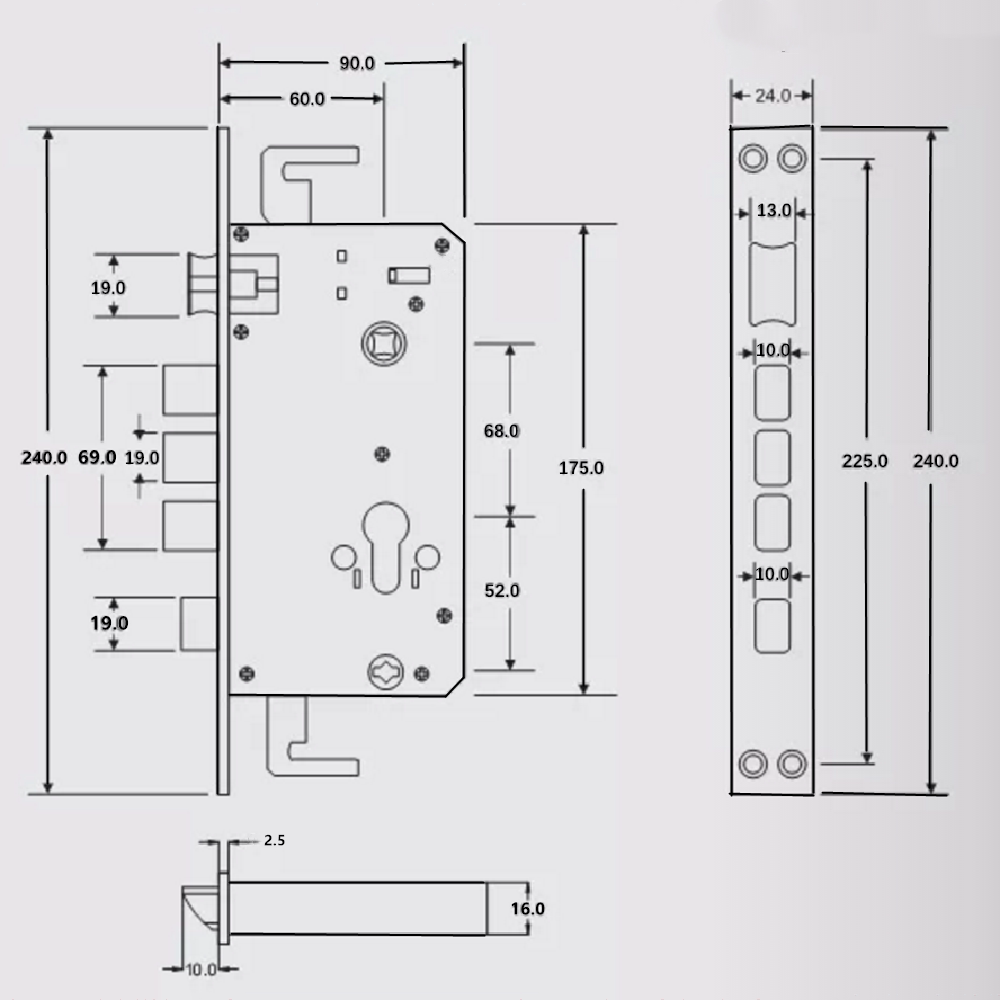 厂家直销全钢方柱静音异型加长指纹锁锁体双机械门锁