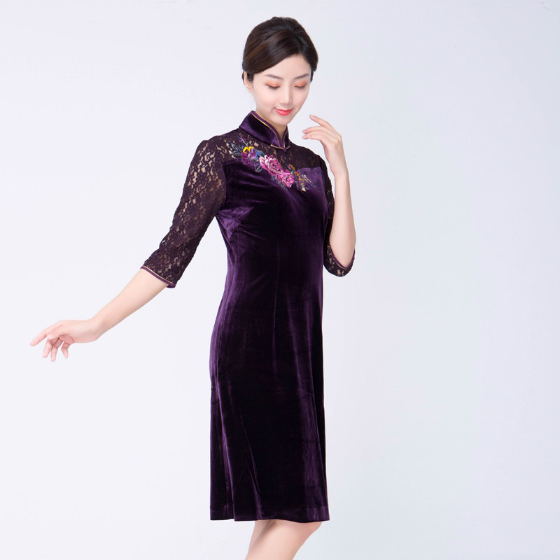 陶玉梅丝绒旗袍中长款 显瘦妈妈装礼服旗袍 刺绣中式修身j11q111