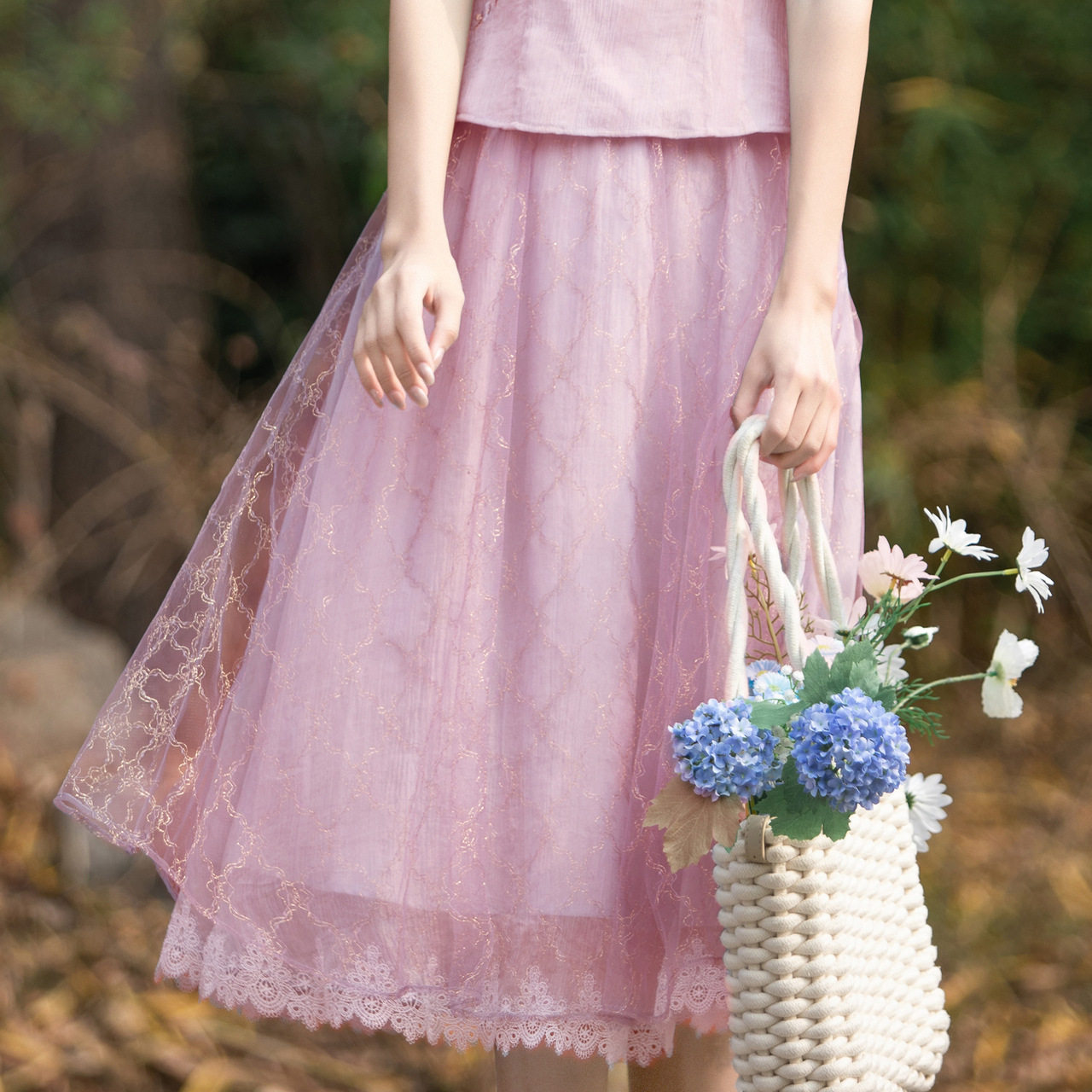 烟花烫半身裙女2021年新款夏百搭文艺夏蕾丝樱花粉中长裙lt 芜故