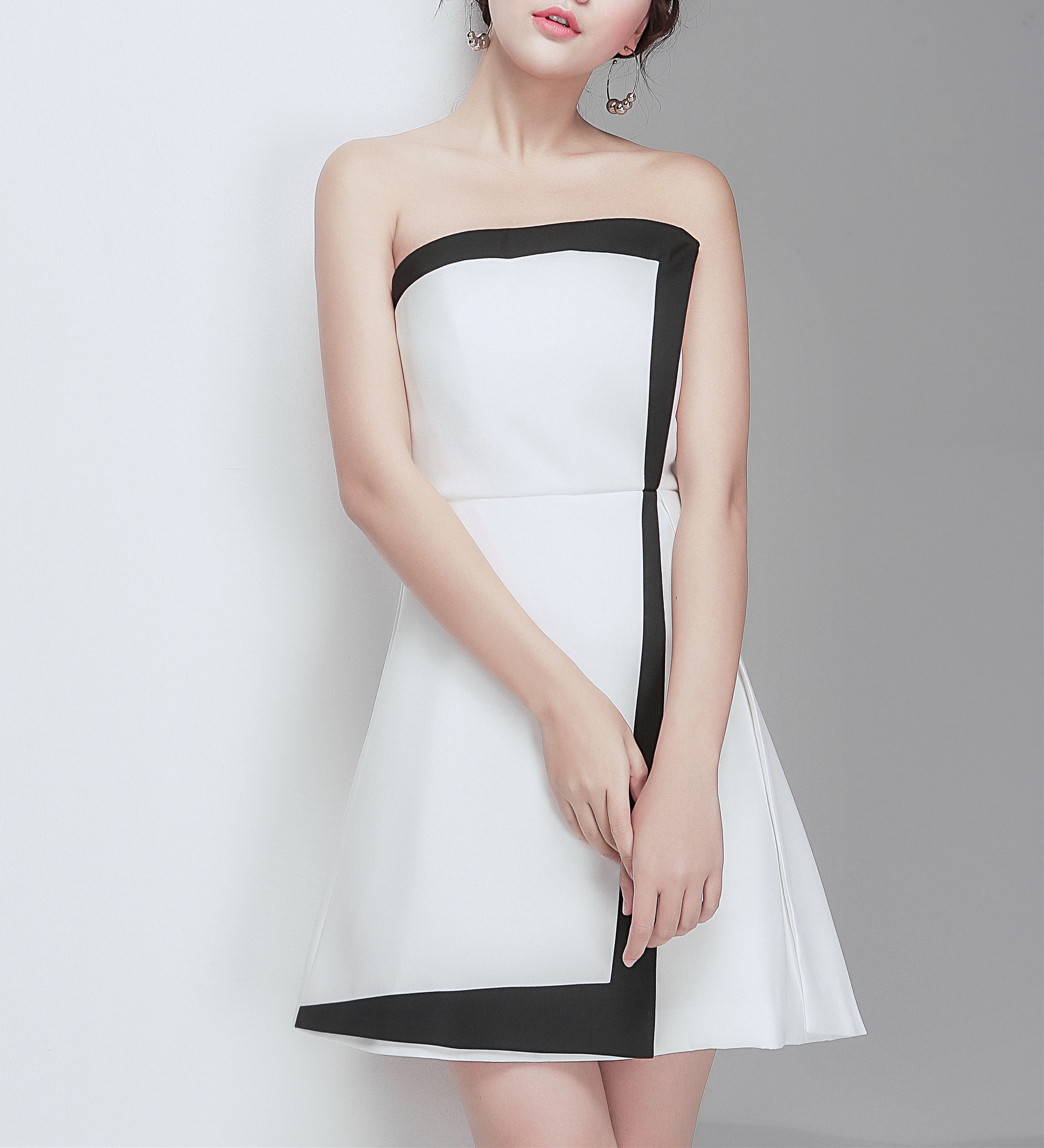 名媛小香风拼色抹胸裹胸连衣裙聚会宴会年会晚礼服礼服