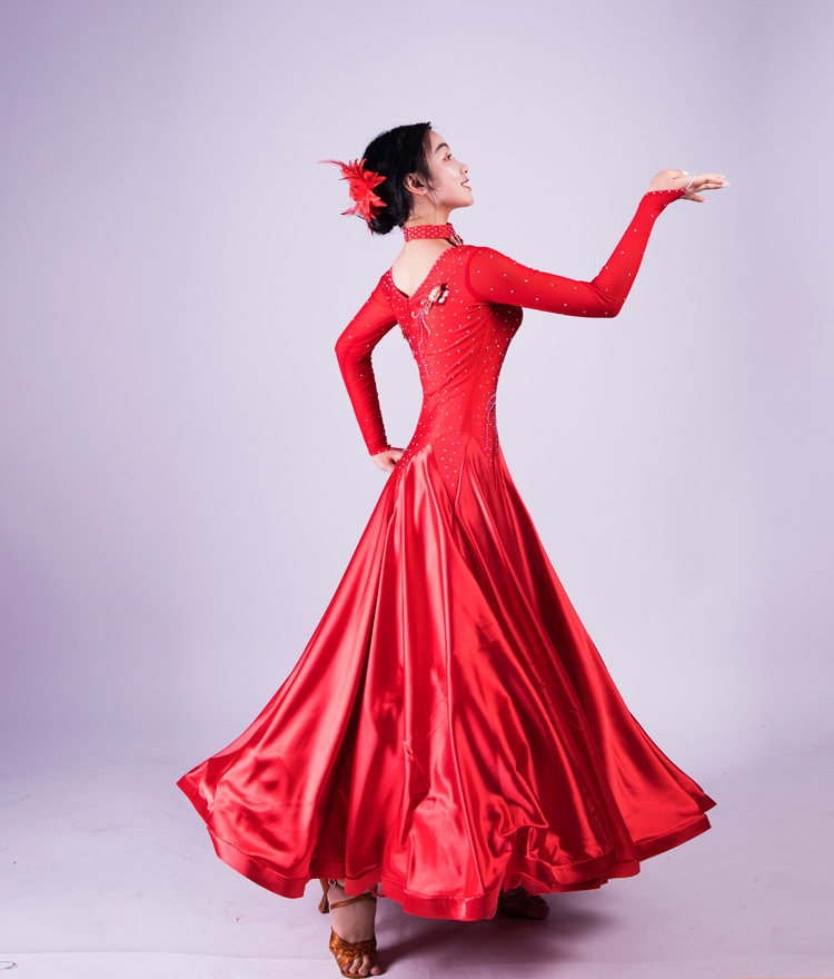 新款摩登连衣裙华尔兹演出服修身大摆长裙国标舞交谊舞摩登舞套装(含