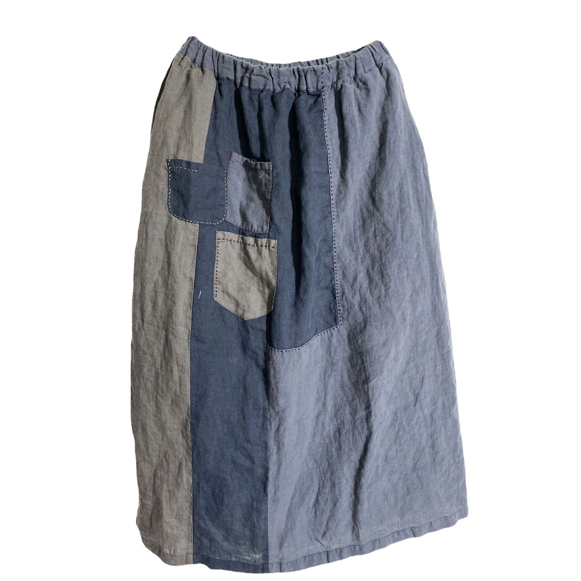 亚麻文艺复古手缝布线迹撞色拼接流浪乞丐补丁半身裙