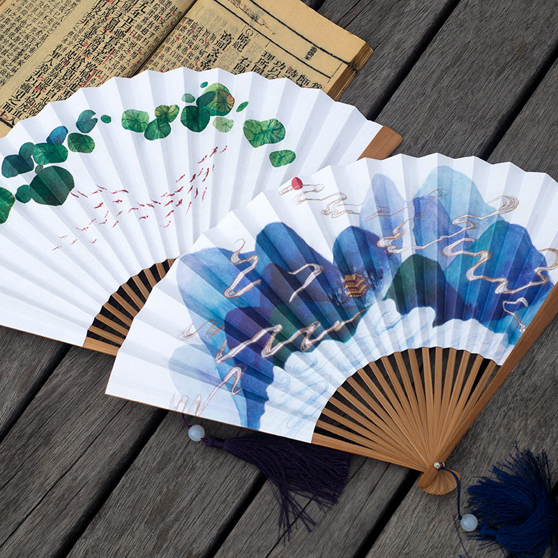 中国国风古风原创昆仑仲夏折扇双面水彩画8寸扇子