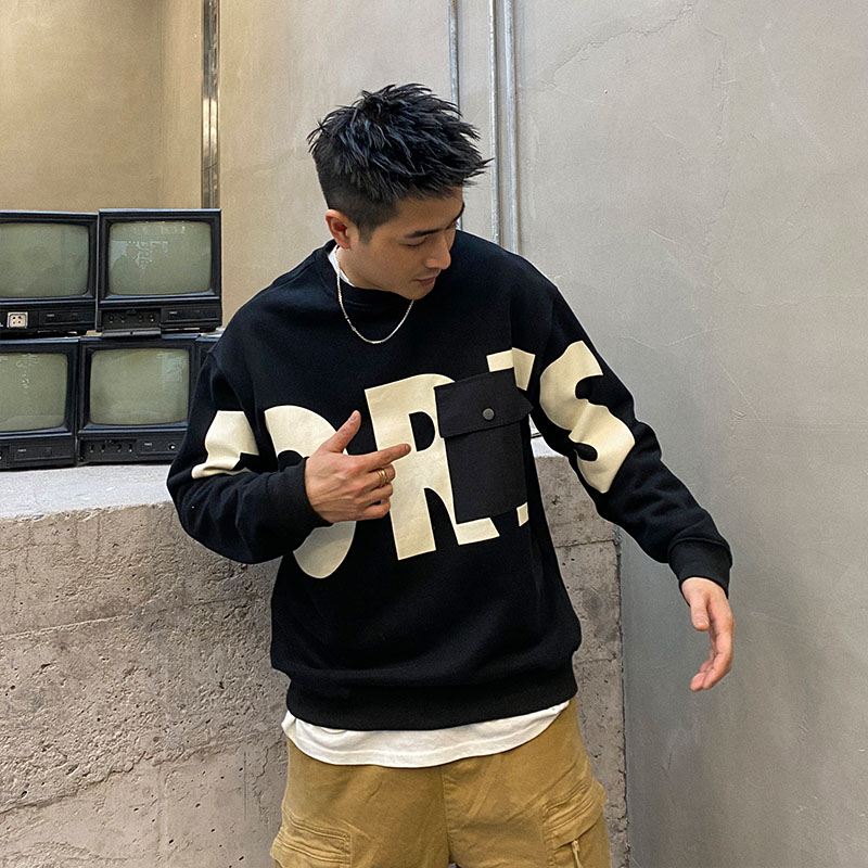 到位男装2021秋季新款加绒加厚卫衣慵懒风休闲圆领男士潮流春秋款