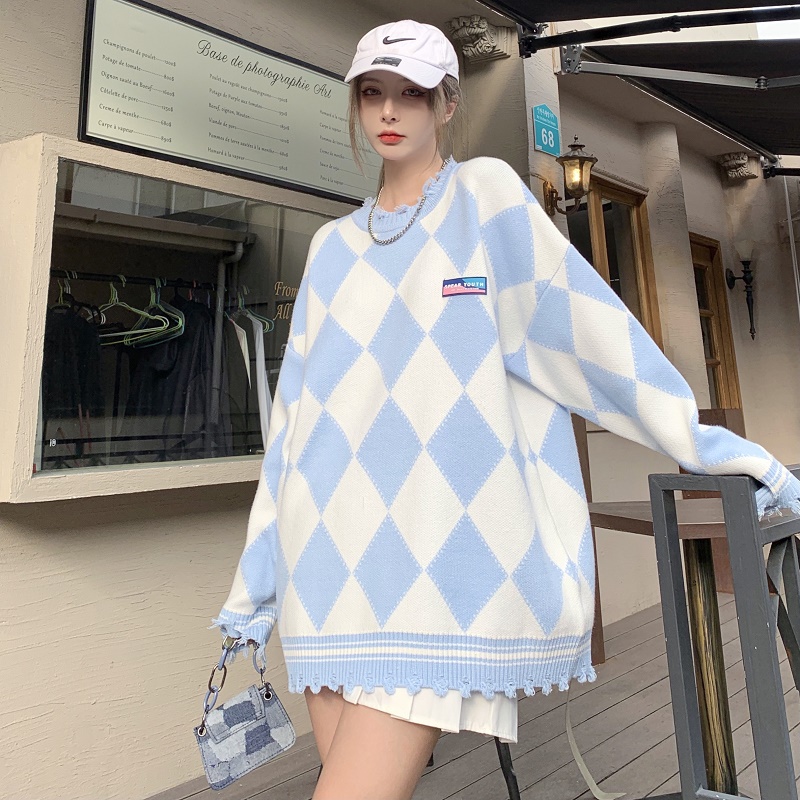 小二潮社SPEAR YOUTH三色菱格撞色套头毛衣男女宽松情侣款针织衫