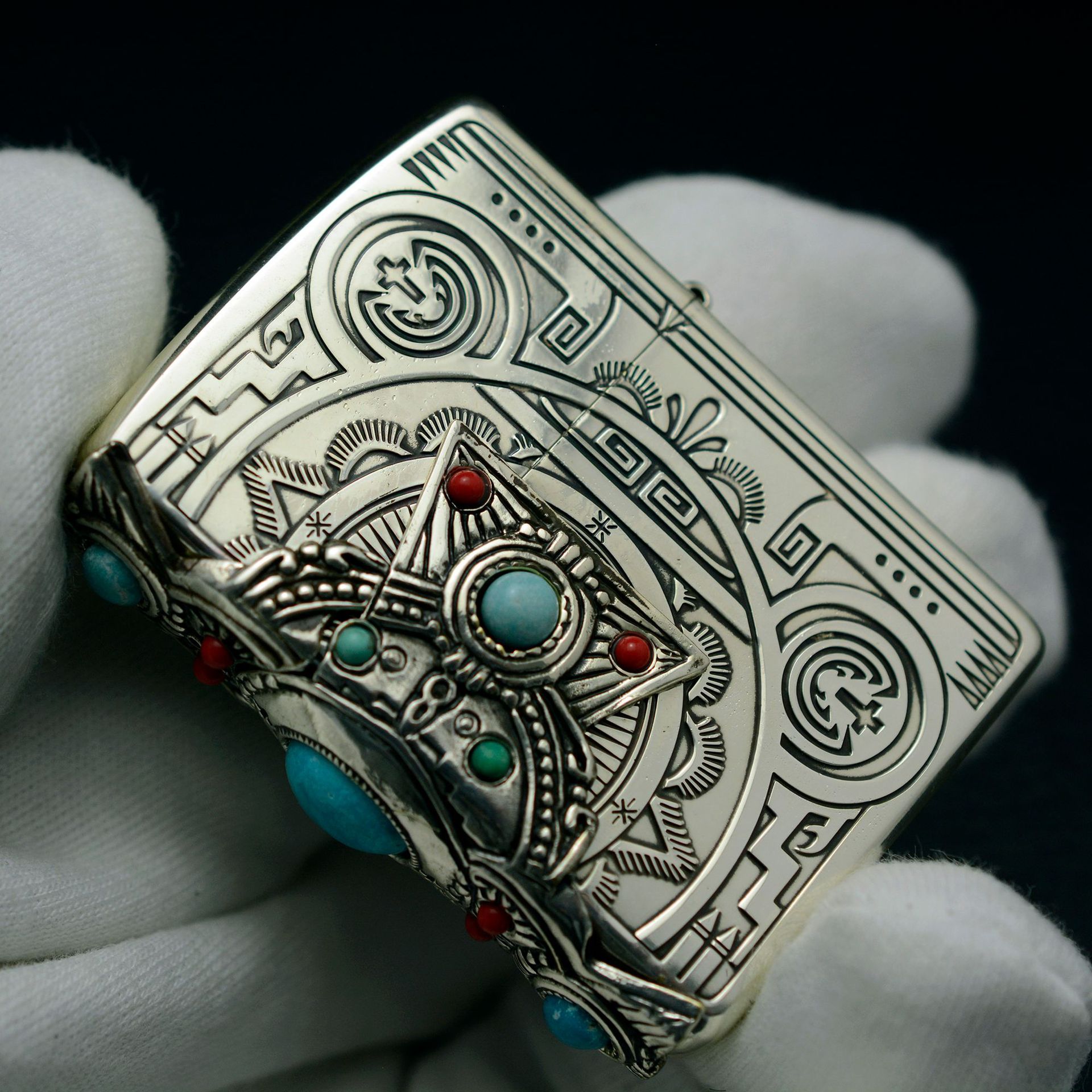 zippo打火机正版印第安神灵绿松松石玛瑙深雕镀银zippo