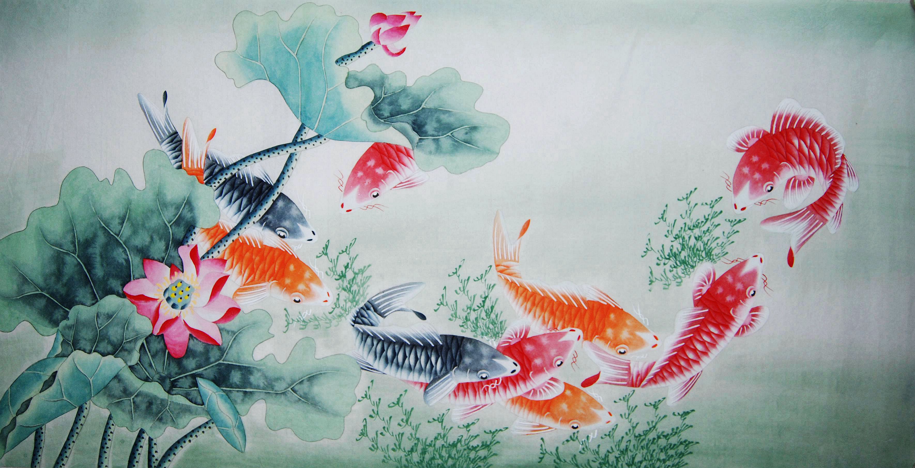 国画风水装饰客厅有余连年画心原稿手绘九鱼国画