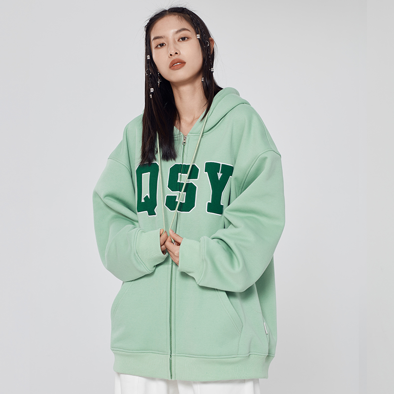 QSY国潮牌情侣嘻哈美式春秋四色LOGO加绒开衫卫衣帽衫