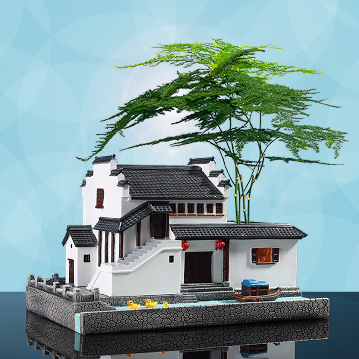 江南房子徽派建筑模型客厅桌面摆件办公室景观绿植装饰摆件