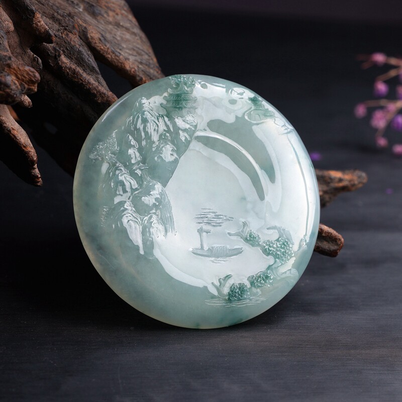 富春春舟冰种蓝花山水意境圆牌灵动珠宝翡翠颈饰