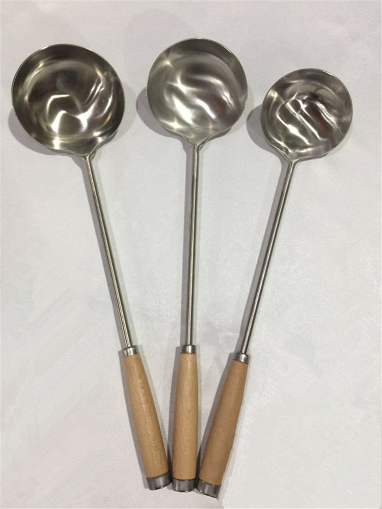 厨师木柄不锈钢加厚长柄炒勺炒菜手勺打菜勺子锅铲