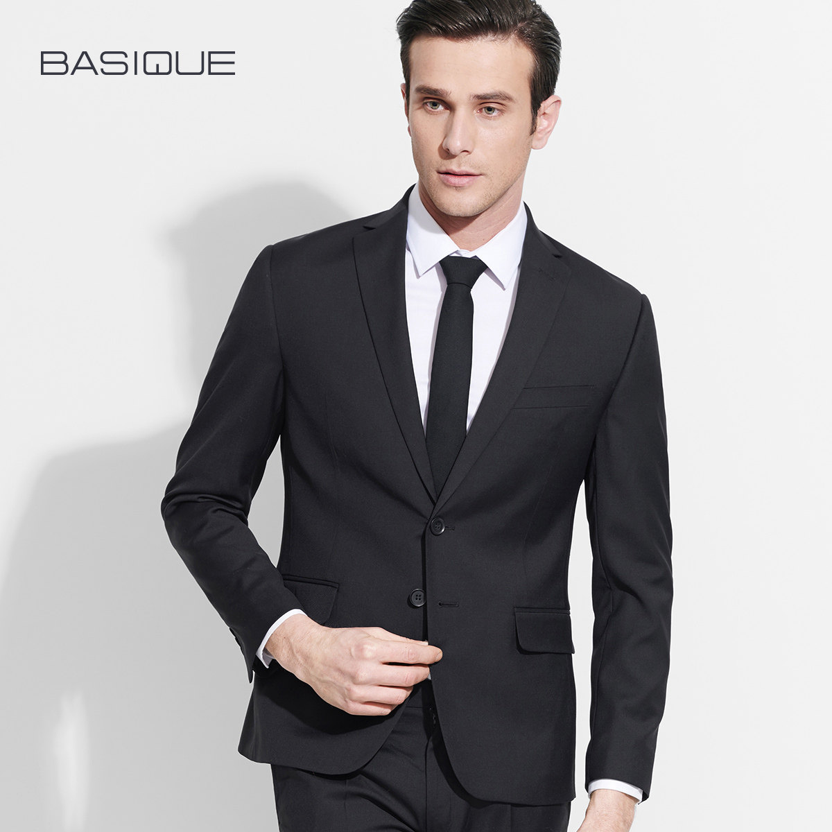 元本春装黑色修身羊毛西服男士正装商务休闲西服