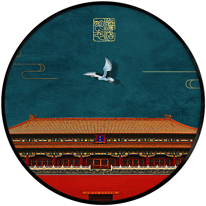 新中式客厅装饰画中国红古风建筑挂画办公室圆形实木画走廊玄关画