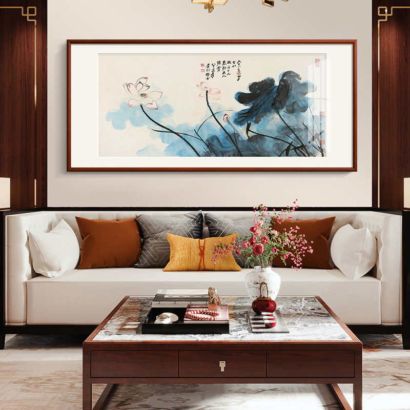 张大千国画客厅装饰画实木木框荷花挂画现代中式现代装饰画