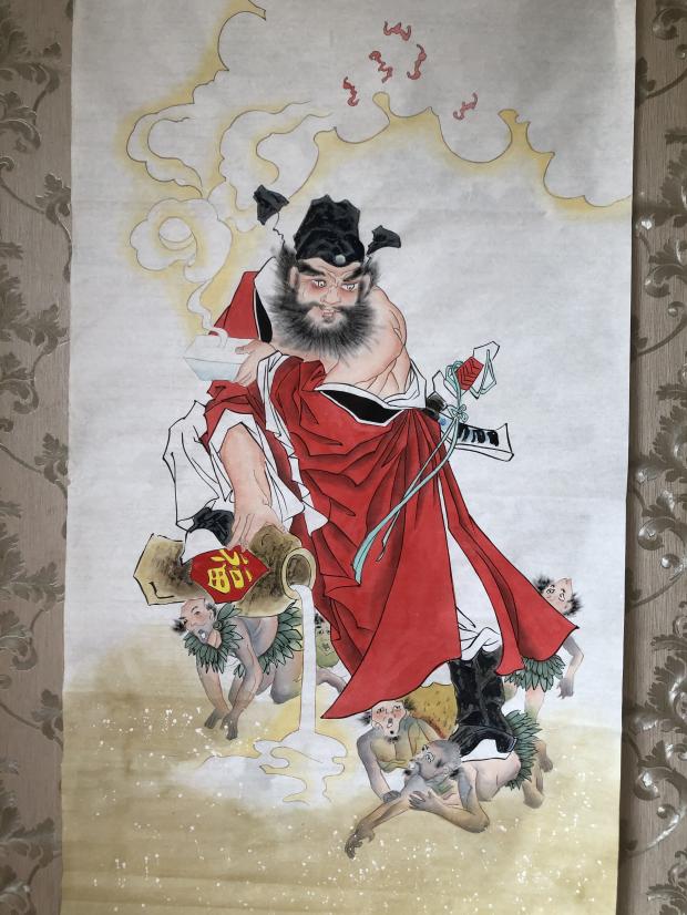 钟馗捉鬼天师画像手绘玄关门神赐福朱砂国画国画