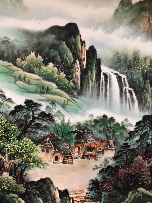 财源广进聚宝盆山水国画字画客厅卧室办公室靠山国画