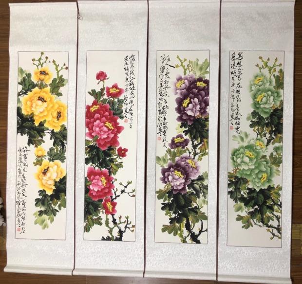 春夏秋冬山水四条屏纯手绘牡丹花鸟国画字画客厅国画