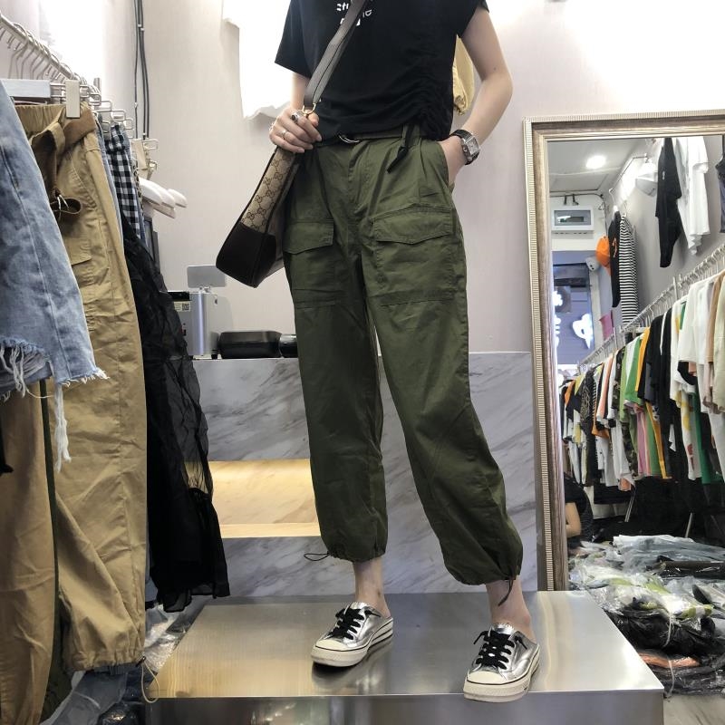 欧洲站2021夏新款抽绳束脚裤百搭休闲工装九分哈伦薄长裤女春秋季