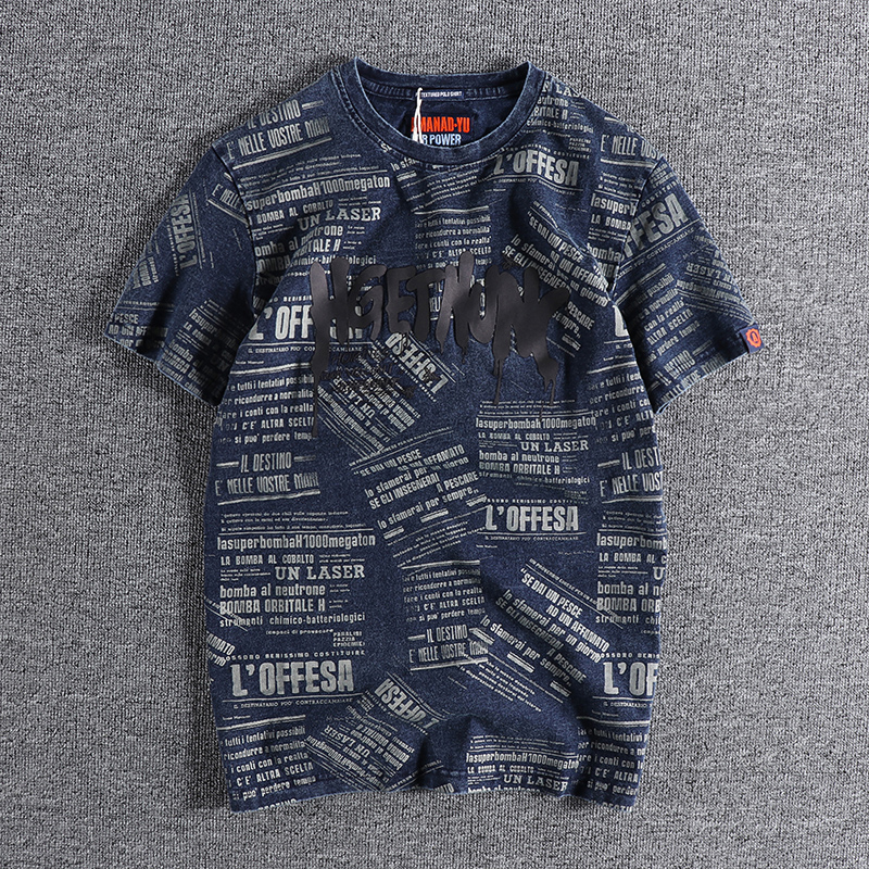 潮流满印花字母圆领短袖t恤男2021夏季新款复古休闲半袖青年上衣