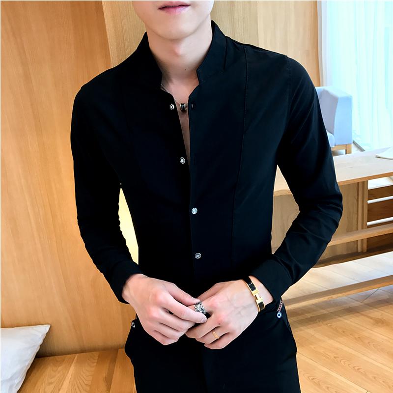 2022春季立领C衫男长袖韩版修身潮流帅气青年休闲无帽子白衬Y