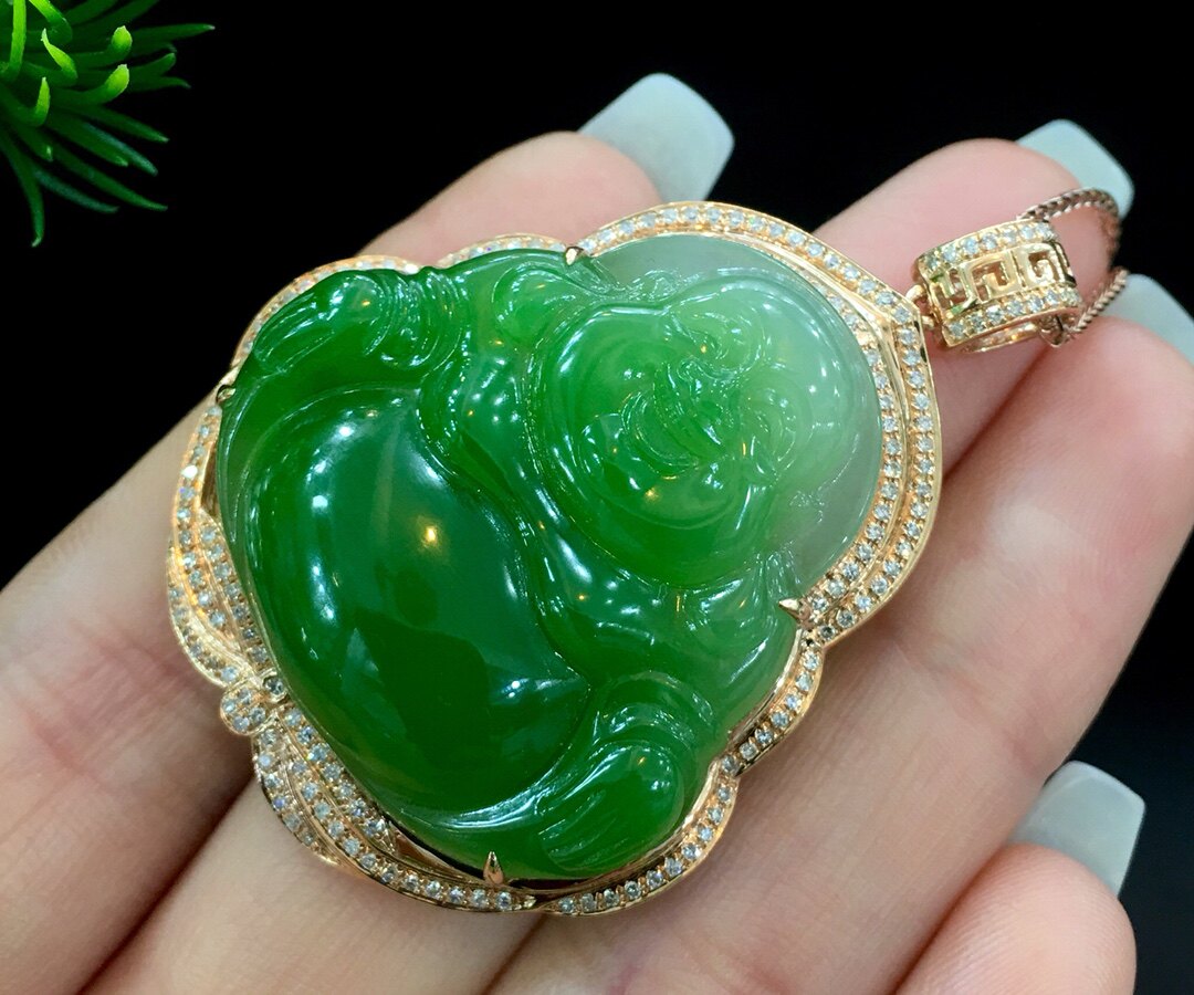 原创碧玉挂件金挂件18k公镶玉佛双面设计渐变颈饰