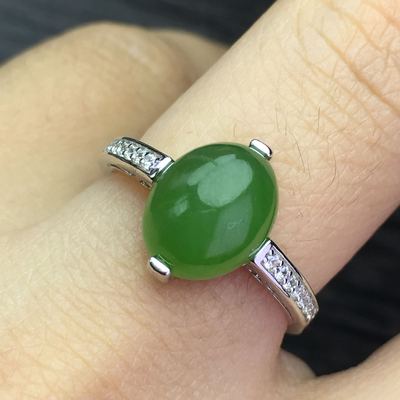 时尚玉石和田玉简单大方戒指925纯银镶嵌碧玉蛋面女款指环活口