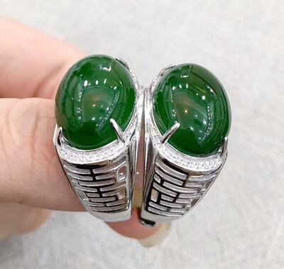 父亲节新品天然新疆和田碧玉镶嵌银玉石925银镀白金镶玉男士戒指