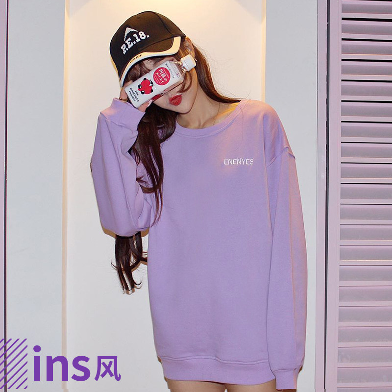 iu李智恩明星同款紫色圆领字母刺绣宽松长袖落肩t恤卫衣女潮上衣
