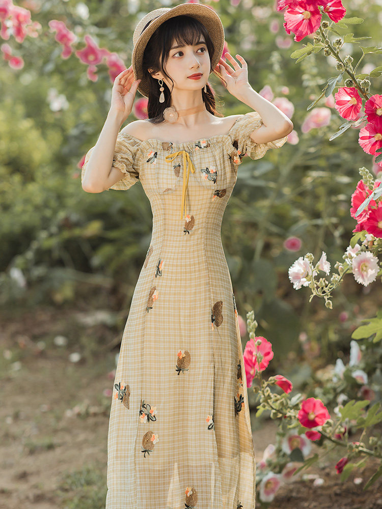 法式裙子碎花森系仙森女超仙女桔梗一字女夏连衣裙