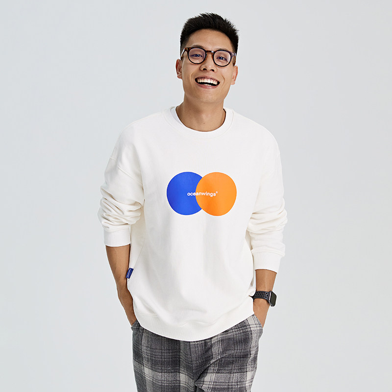 oceanwings海洋之翼蓝橙撞色圆领套头卫衣男宽松秋冬卫衣