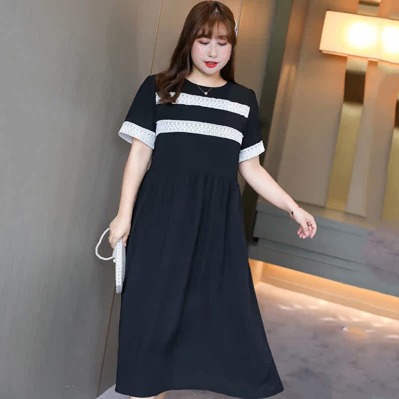 定制大码夏季新款胖mm连衣裙微胖女装200斤长款撞色法式显瘦长裙 - 韩