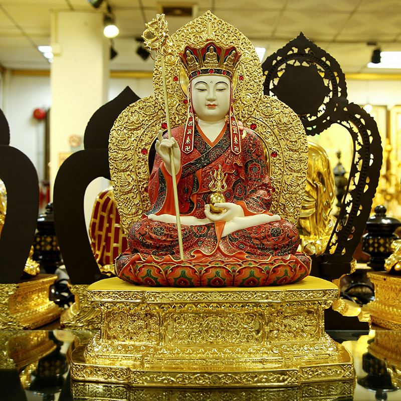 娑婆彩绘释迦王释迦地藏贴金三圣纯铜工艺台湾摆件