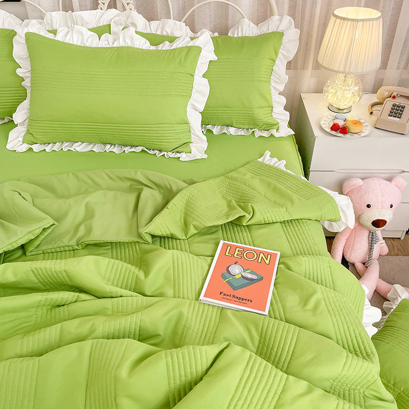 韩式小清新浅色色系夹棉花边被套公主浅绿色床单化纤被