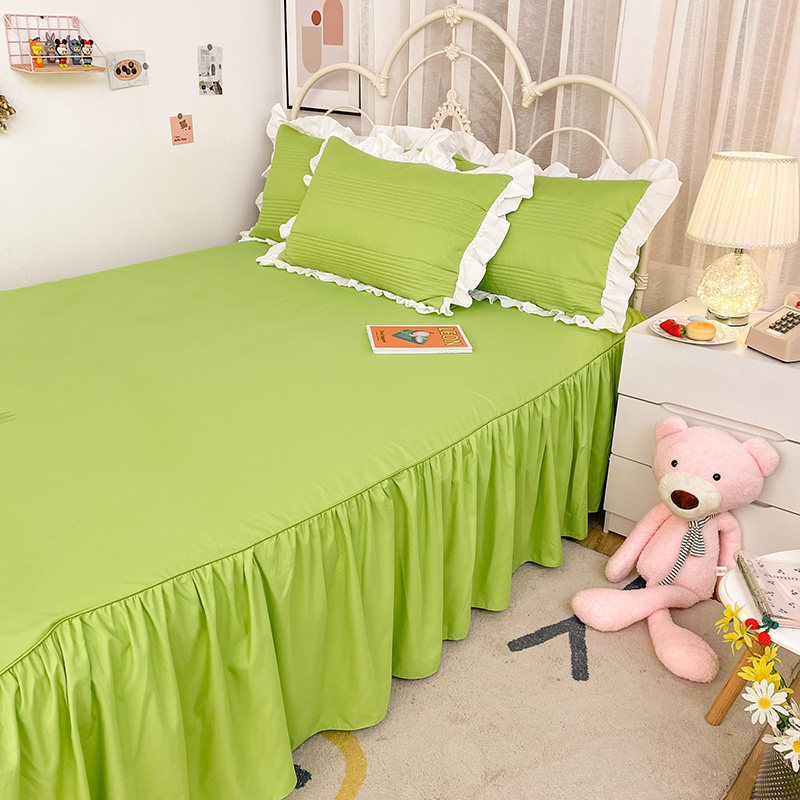 韩式小清新浅色色系夹棉花边被套公主浅绿色床单化纤被